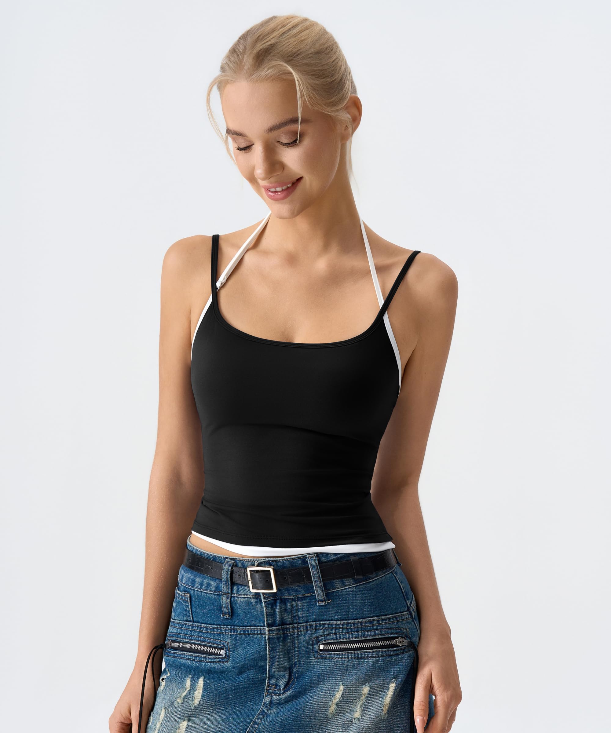 QINSEN Women's Spaghetti Strap Tank Top Slim Fitting Layered Halter Neck Sleeveless Crop Cami Shirt