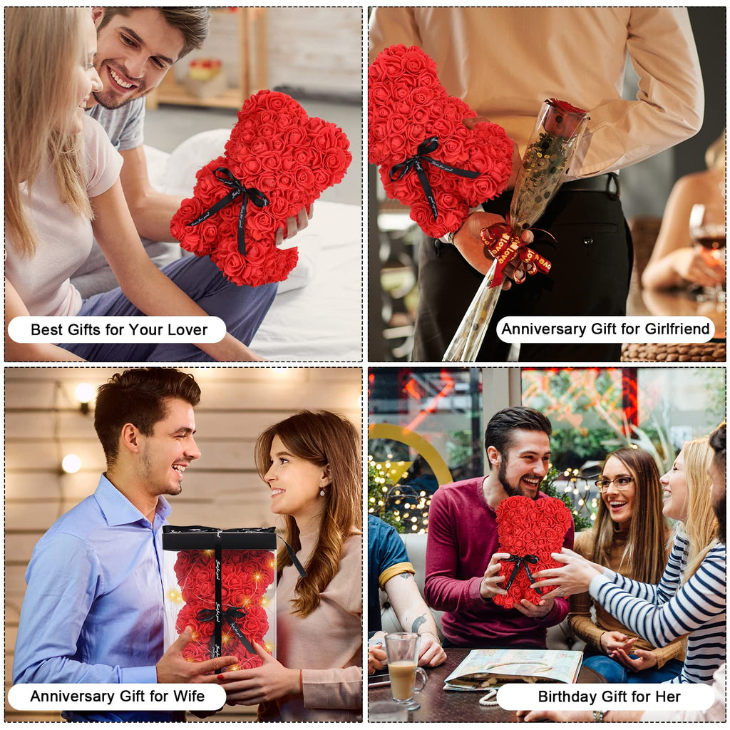 Rose Bear Mother's Day Flower Gifts for Mom Grandma, Rose Teddy Bear with Lights, Cute Teddy Flower Bear, Cute Romantic Present for Wife Girlfriend with Transparent Gift Box and Love Card