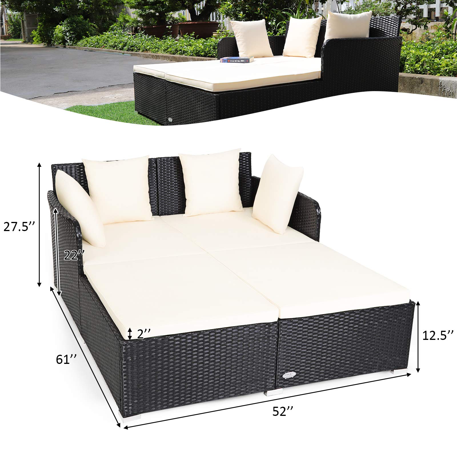 Tangkula Patio Rattan Daybed with Retractable Canopy, Outdoor Wicker Sunbed Lounger with 2 Foldable Side Tables, Thick Seat & Back Cushions, Outside Double Daybed for Garden, Backyard, Porch