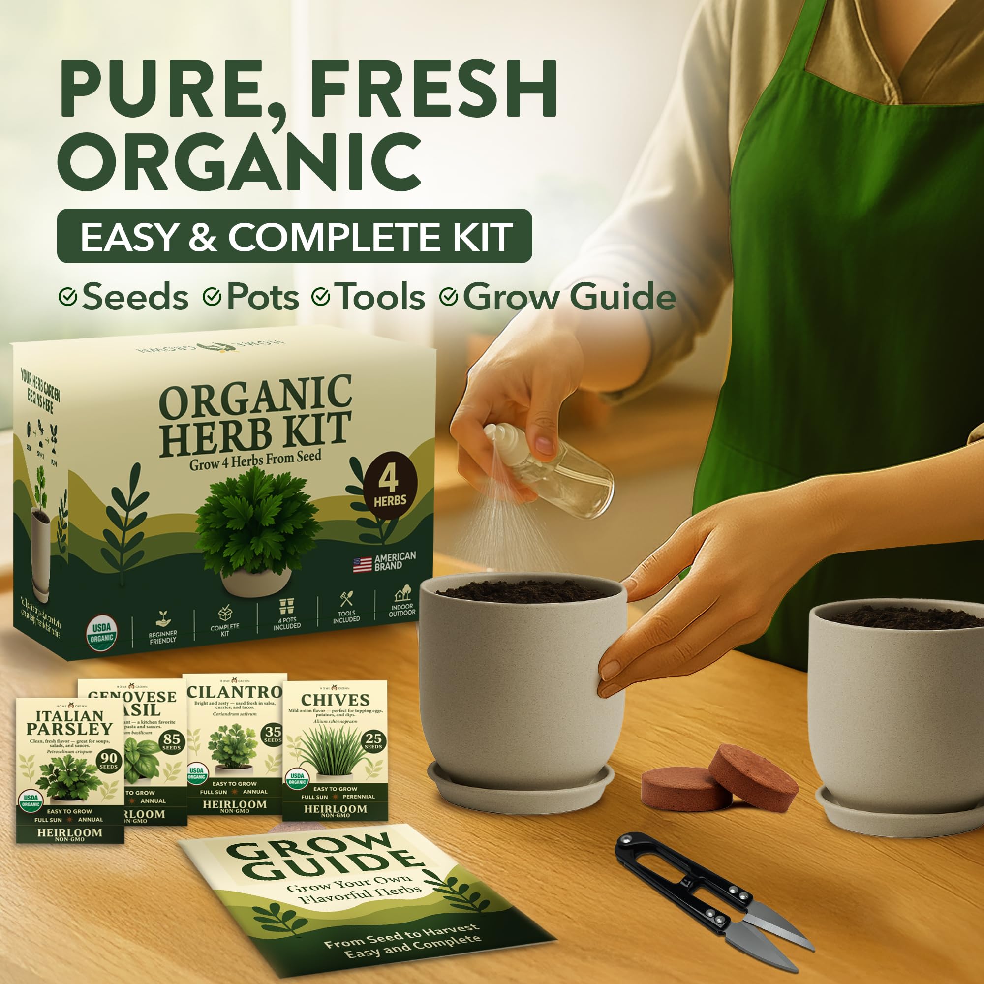 HOME GROWN Herb Garden Planter Indoor Kit – Unique Christmas Gift for Adults, Men, & Women - Grow 4 Heirloom Herb Seeds on Kitchen Window – Beginner DIY Craft & Hobby Gardening Gift for Plant Lovers