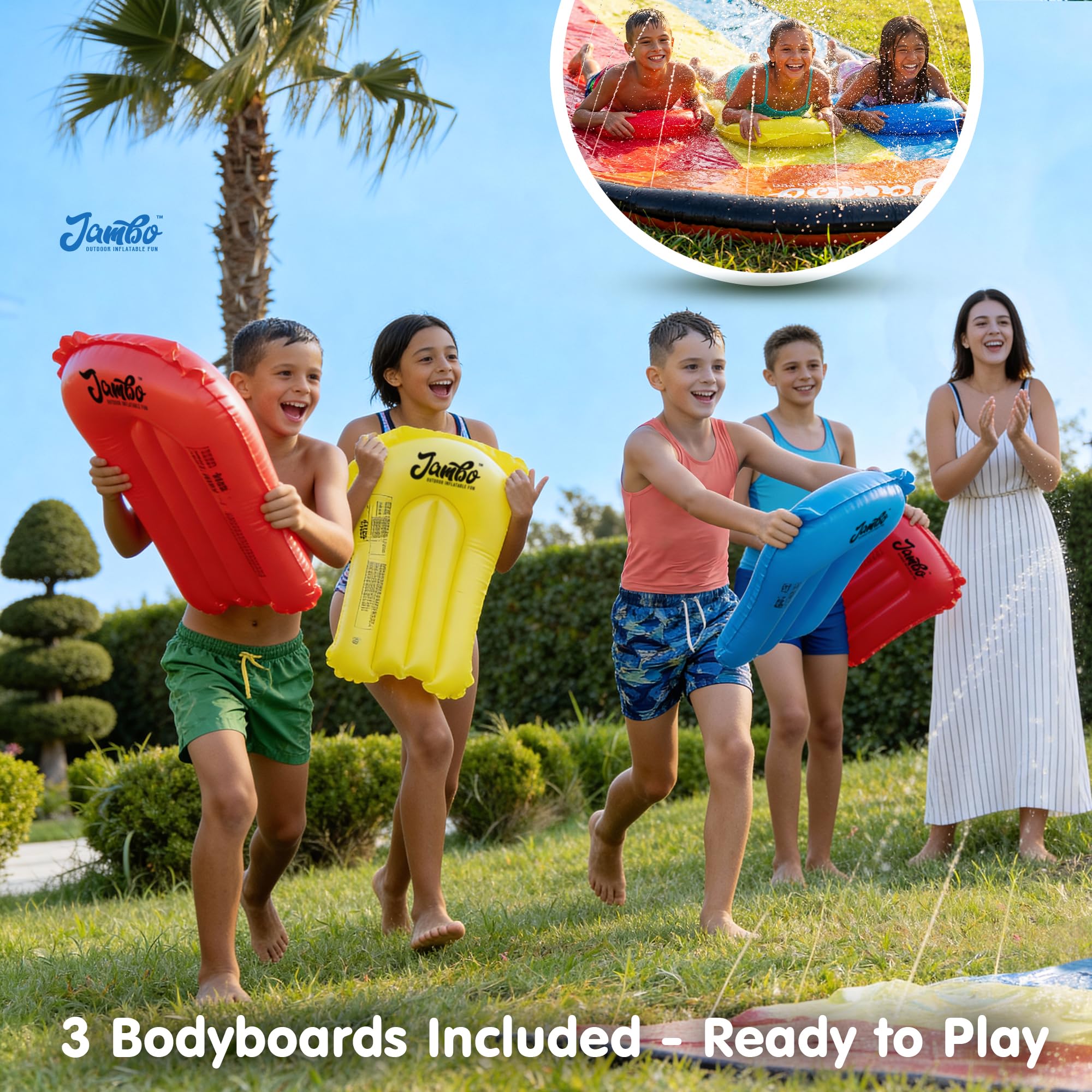 JAMBO Premium Triple Water Slide with 3 Bodyboards, 20Ft Heavy Duty Slip Splash and Slides-Advanced 3-Way Sprinkler System, Splash Pad Mat Backyard Summer Outdoor Water Toys n Long Slides for Kids