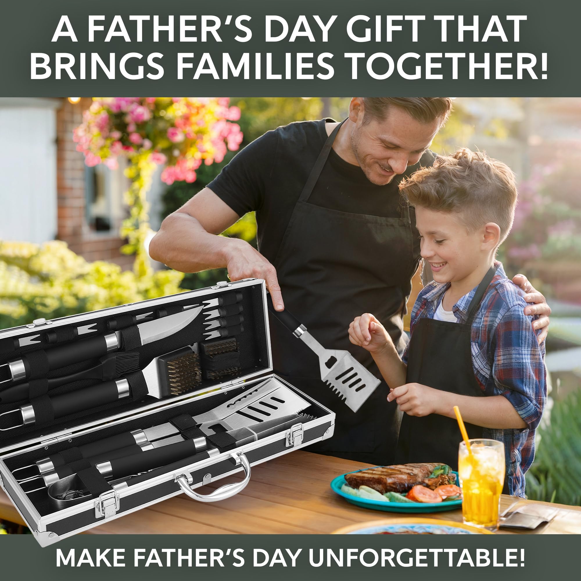Kaluns Grilling Accessories, Dad Gifts for Fathers Day, Grilling Gifts, Heavy Duty Stainless Steel BBQ Tool Set for Outdoor Grill with Aluminum Case and Apron, Birthday Gifts for Men Women