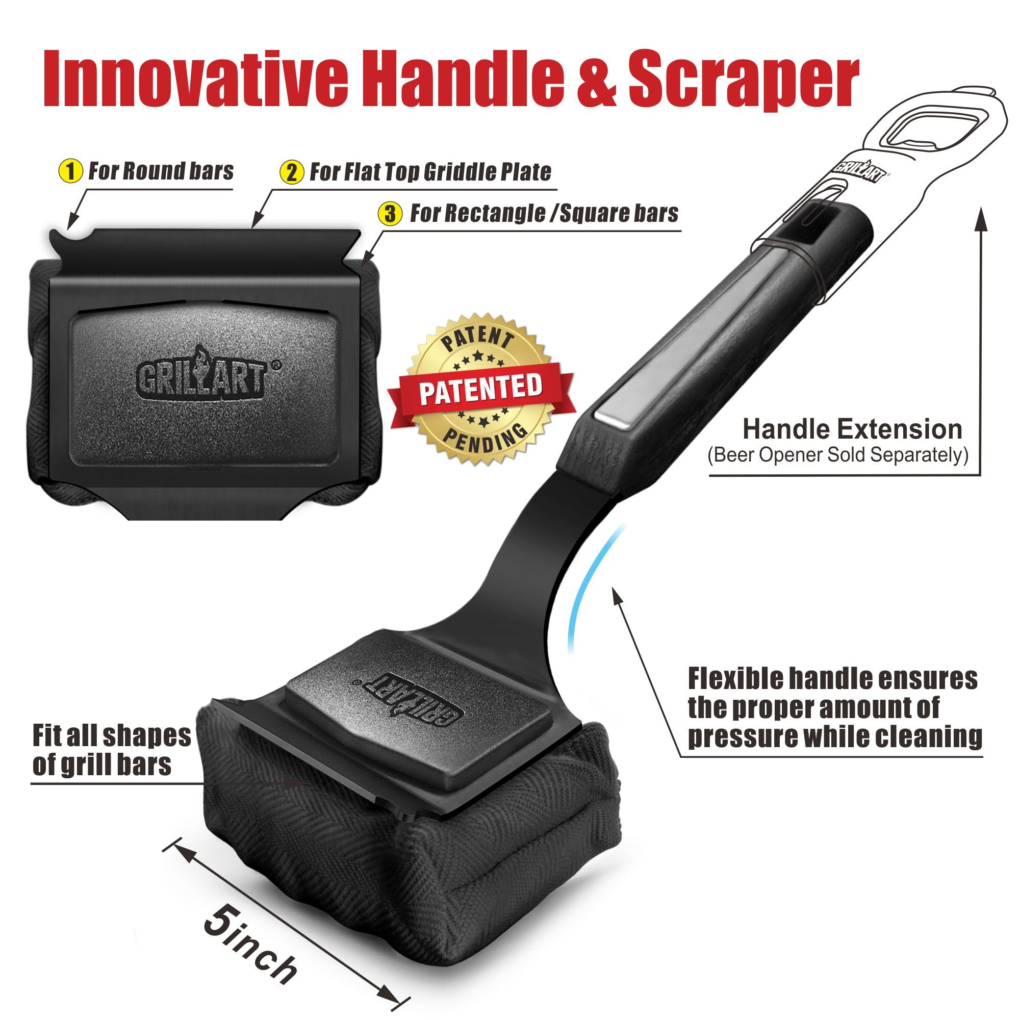 GRILLART Grill Brush Bristle Free. SteamWizards BBQ Replaceable Cleaning Head, Unique Seamless-Fit Scraper Tool for Cast Iron/Stainless-Steel Grates, Safe Barbecue Grill Cleaner-Red