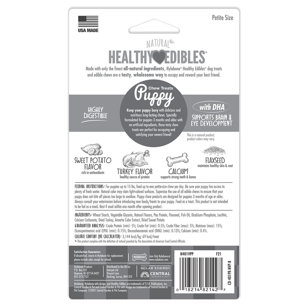 Nylabone Healthy Edibles Natural Puppy Chews Long Lasting Treats for Puppies, Roast Beef/Apple/Bacon Dog Treats, X-Small/Petite (3 Count)