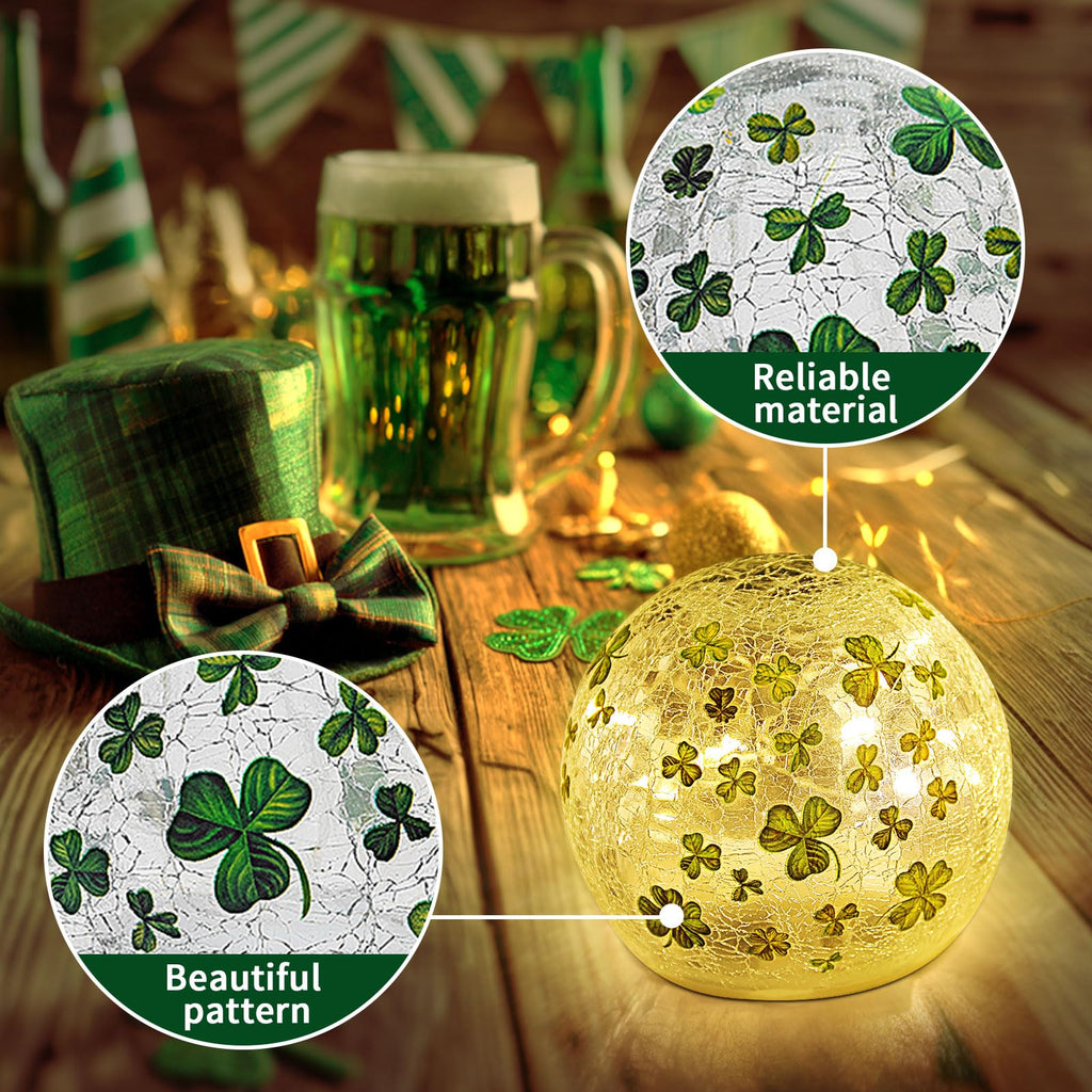 St Patricks Day Decorations Lights, Lighted Glass Ball Tabletop Irish Decor LED Night Light with Clover Pattern,Irish DIecorations for Home (2PCS3.93'')