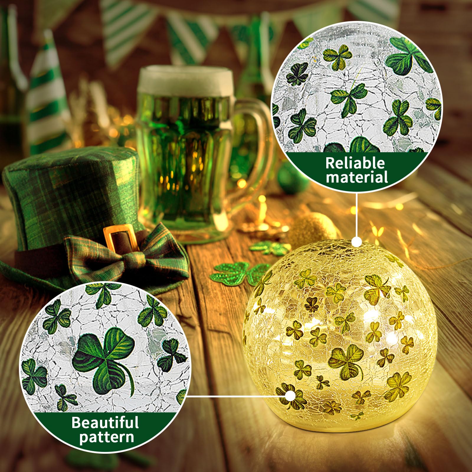 St Patricks Day Decorations Lights, Lighted Glass Ball Tabletop Irish Decor LED Night Light with Clover Pattern,Irish DIecorations for Home (2PCS3.93'')