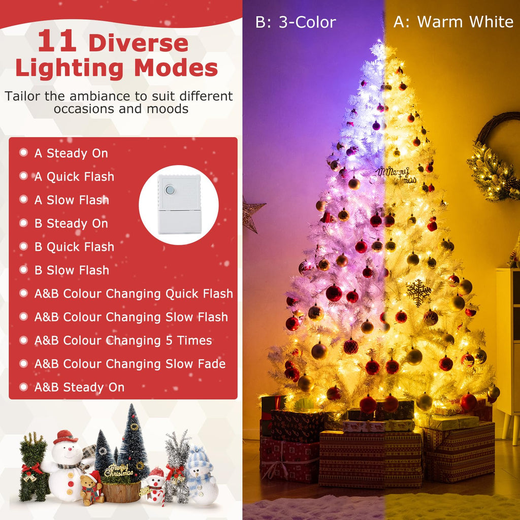 Goplus 7FT Pre-Lit Artificial Christmas Tree Auto-Spread/Close up Branches 11 Flash Modes with Multicolored 400 LED Lights & Metal Stand