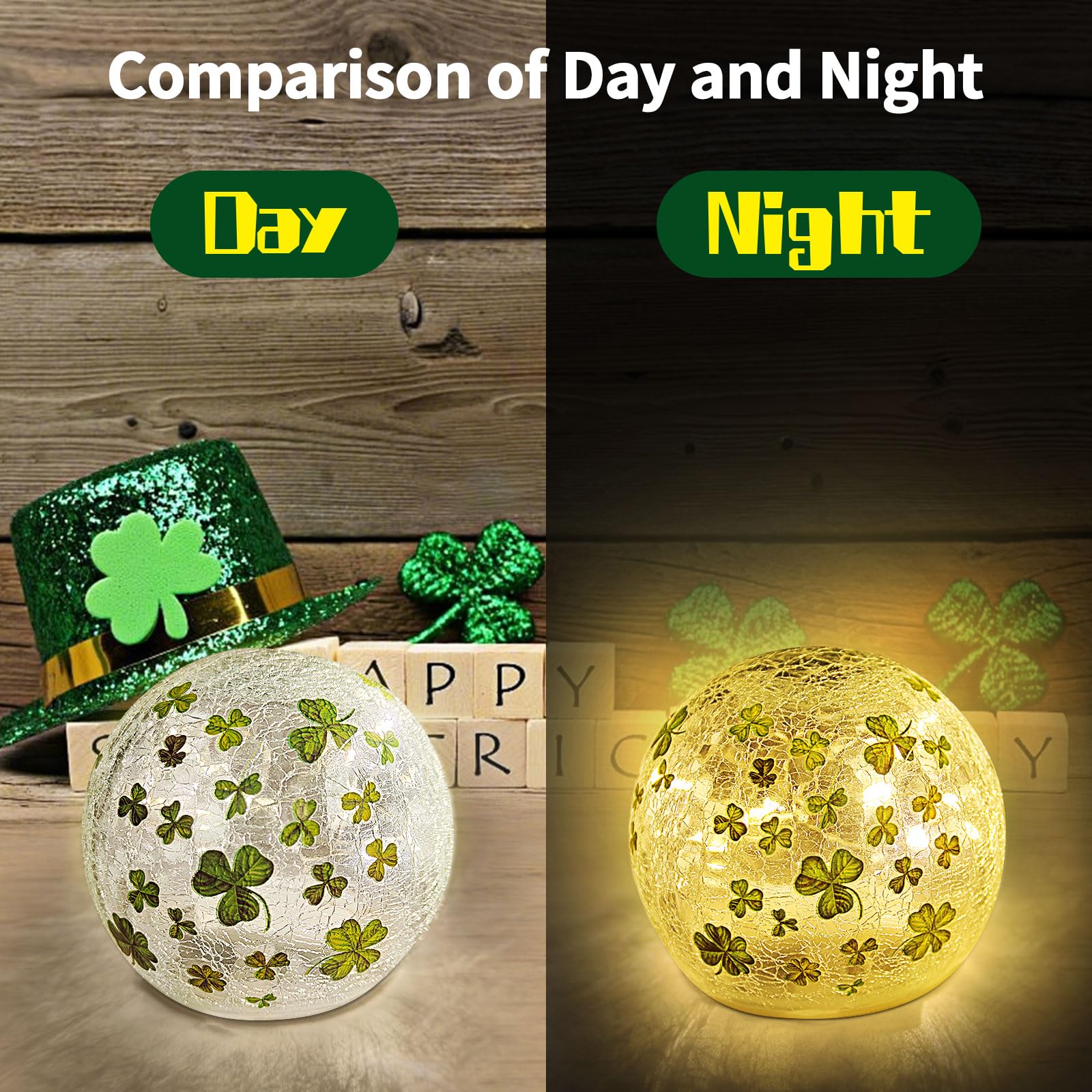 St Patricks Day Decorations Lights, Lighted Glass Ball Tabletop Irish Decor LED Night Light with Clover Pattern,Irish DIecorations for Home (2PCS3.93'')