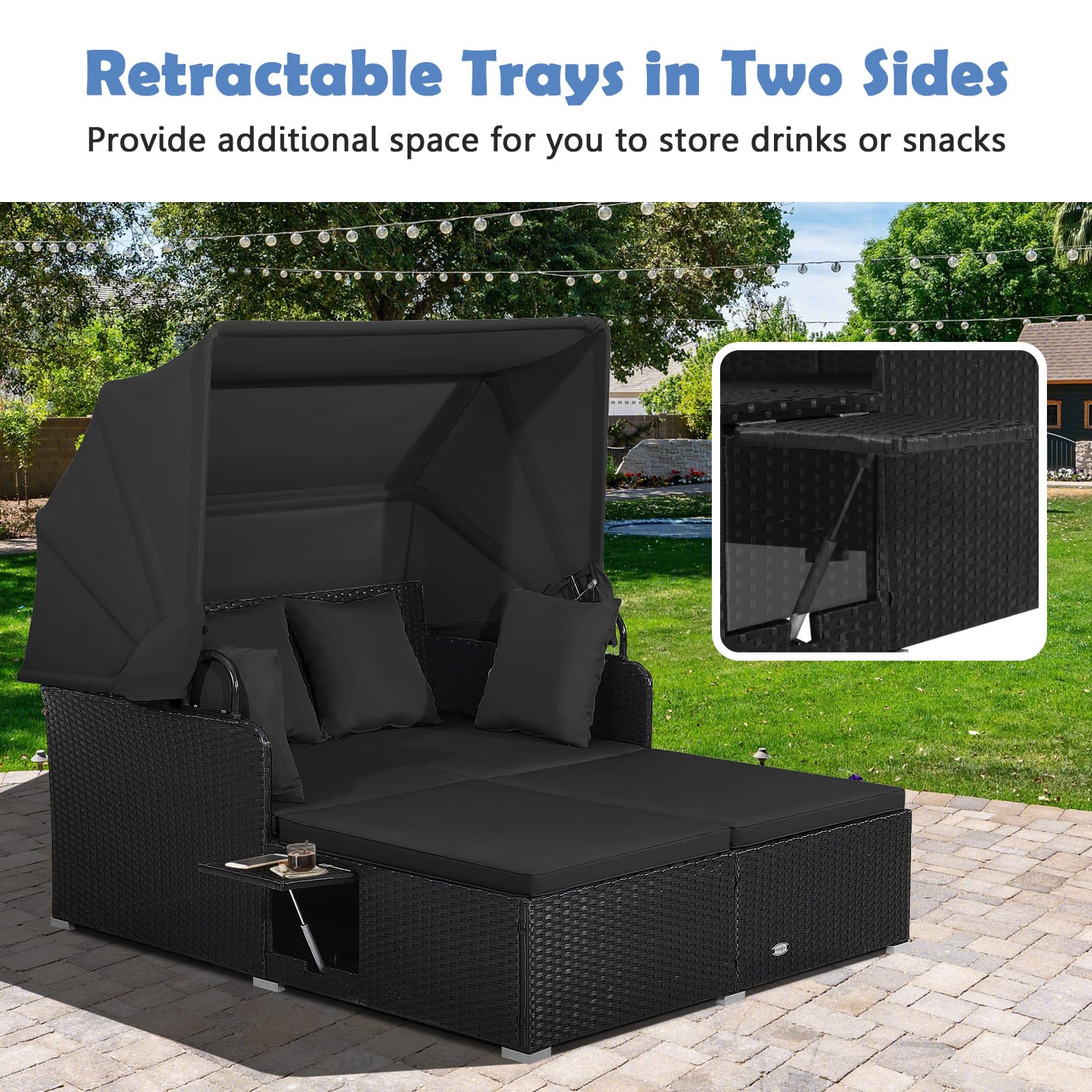 Tangkula Patio Rattan Daybed with Retractable Canopy, Outdoor Wicker Sunbed Lounger with 2 Foldable Side Tables, Thick Seat & Back Cushions, Outside Double Daybed for Garden, Backyard, Porch