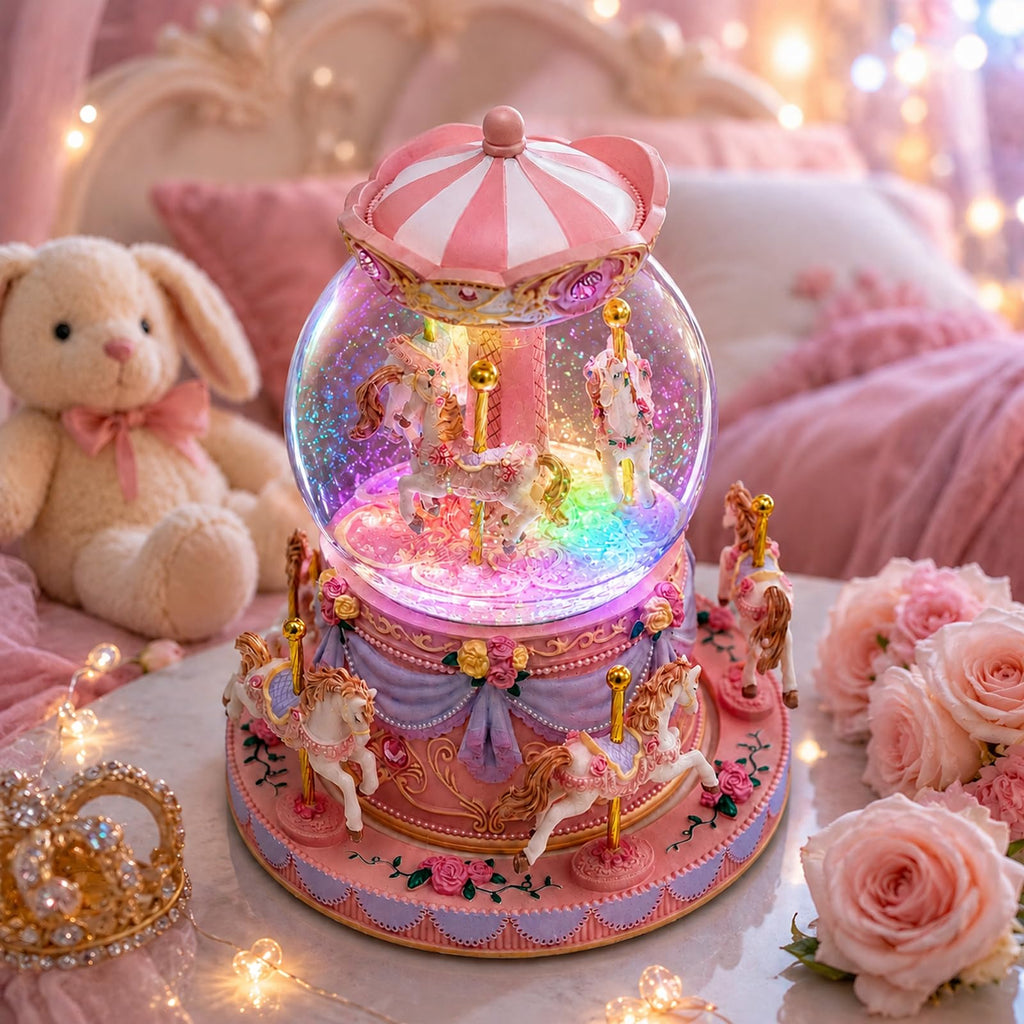 Blue Carousel Snow Globe Music Box with LED Lights, Rotating Horse Merry Go Round, Wind Up Musical Snow Globe Plays You are My Sunshine, Gift for Daughter Granddaughter Mom Women