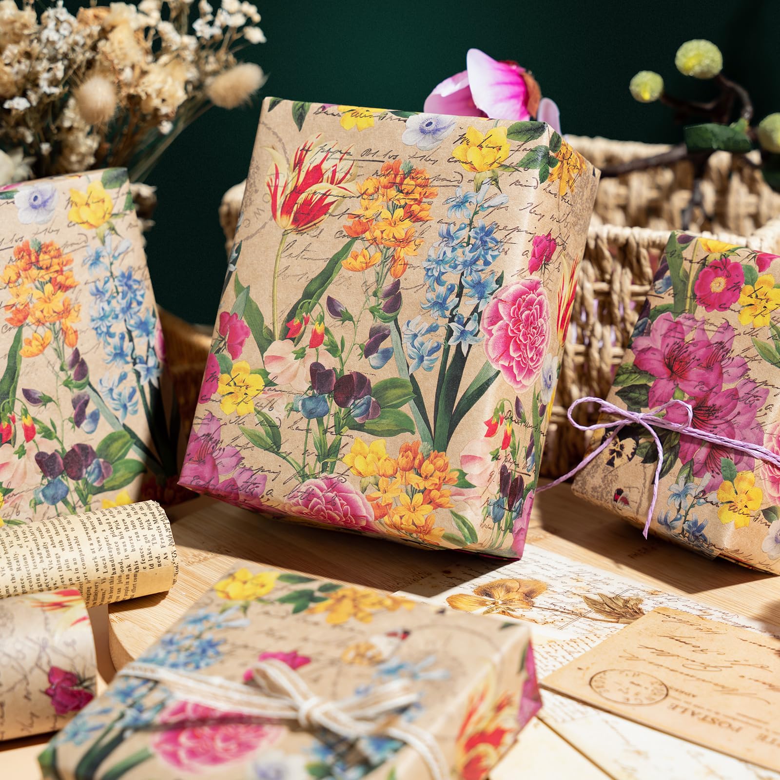 WRAPAHOLIC Kraft Floral Wrapping Paper Roll - Mini Roll - 17 Inch x 9.8 Feet - Spring Summer Garden Flower Design Perfect for Wedding, Bridal Shower, Birthday