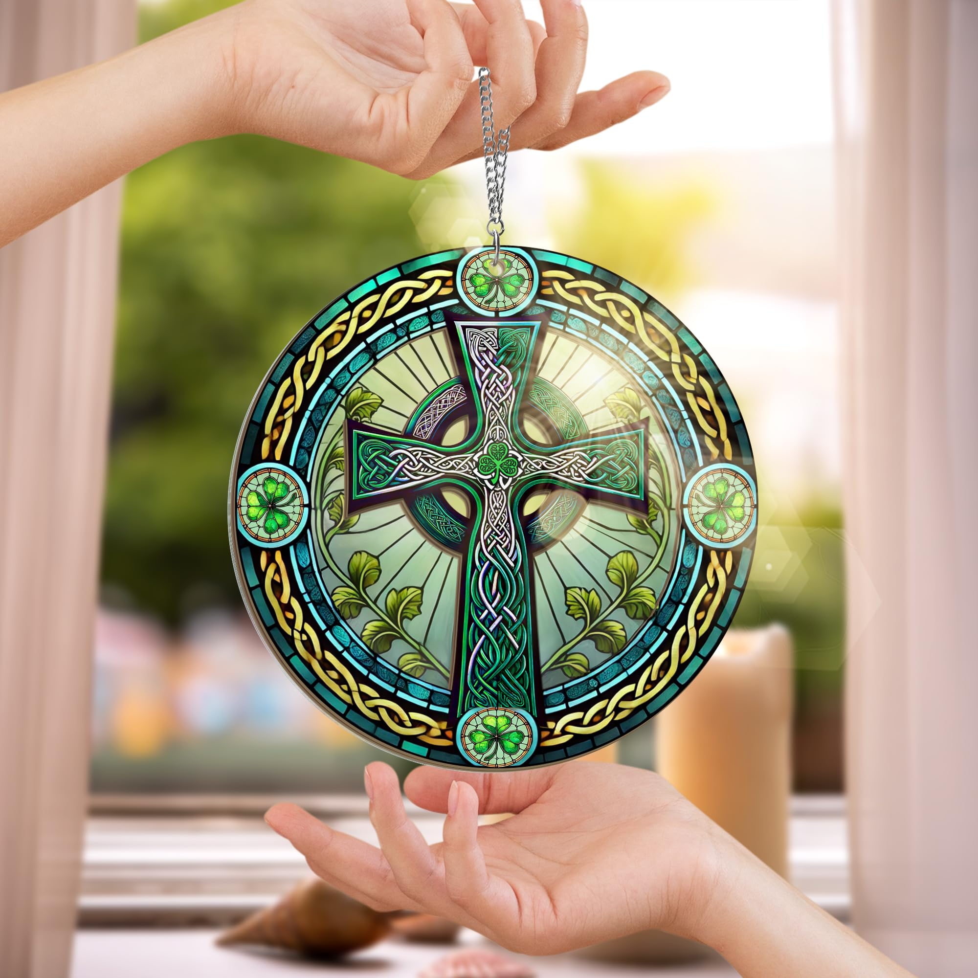 FLAGWIX St Patricks Day Decorations - Hanging Suncatcher 6 in, Shamrock St Patricks Day Decorations, Irish Suncatcher for Home Garden Decor - Irish Gifts for Women Men, Spiritual Gifts for Mom Grandma