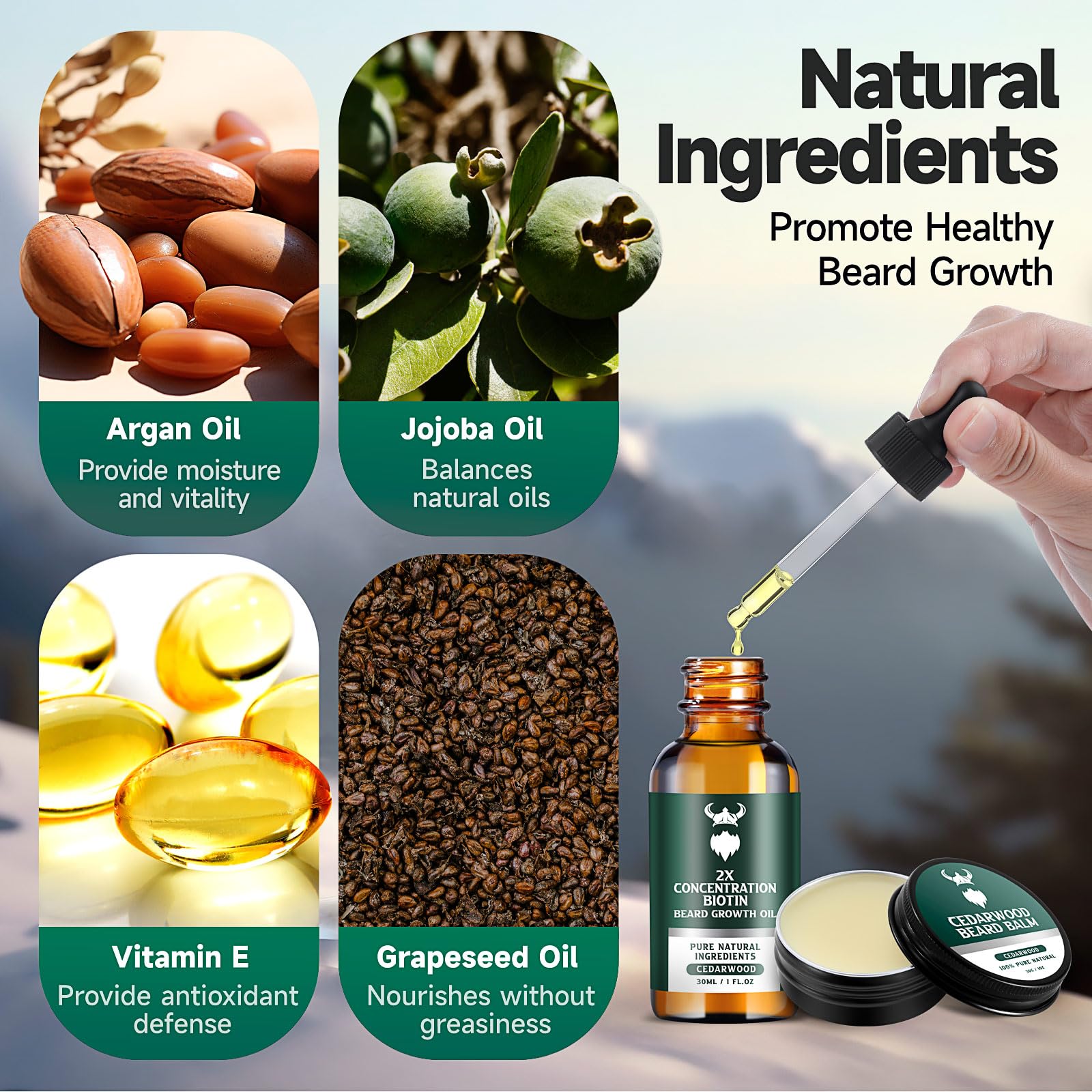 MistySprite Beard Growth Kit for Men, 2X Concentration Biotin Beard Oil & Styling Balm, Natural Facial Hair Conditioner with Argan, Jojoba & Vitamin E, Sandalwood Scent Softener