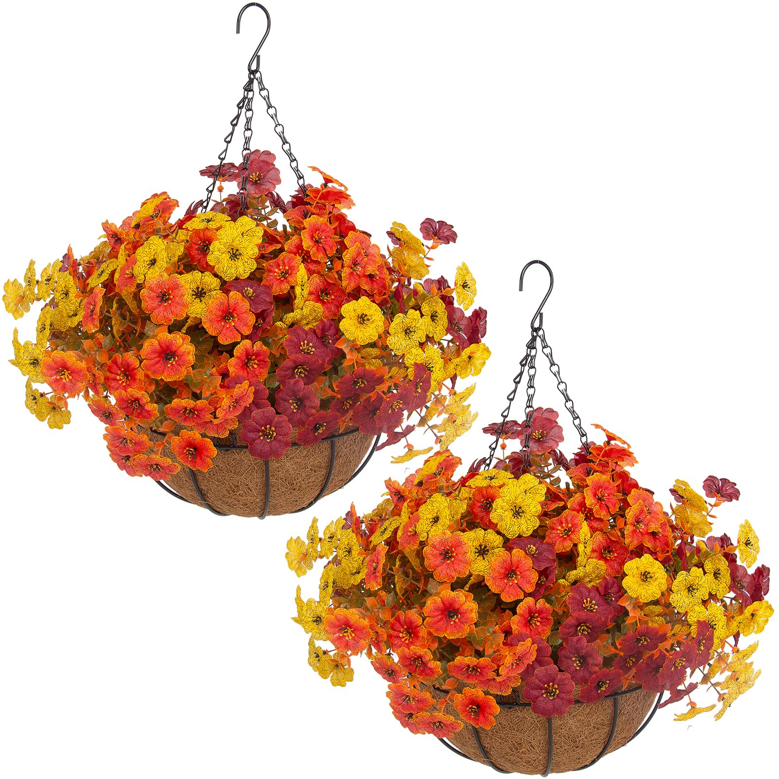 Hananona 24 Pcs Artficial Outdoor Flowers with Hanging Baskets, Orange Fall mums 2 Pack Hanging Planter with Outdoor Fall Flowers for Autumn Porch Garden and Home Patio Yard Decor (2, Orange)