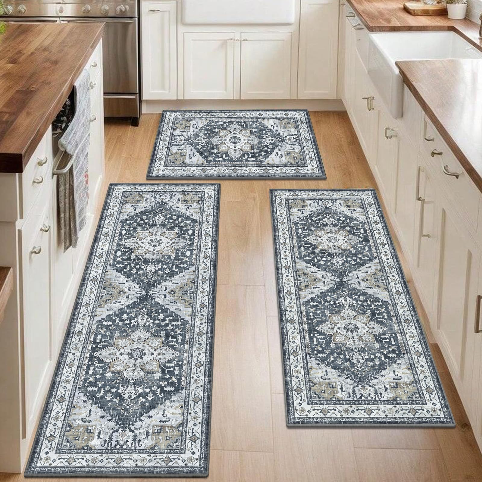 Yamaziot Christmas Kitchen Rugs Sets of 3, Non Slip Kitchen Mats for Floor with Rubber Backing, Holiday Christmas Snowflake Runner Rug Decor Home Decorations for Kitchen, Laundry Room, Hallway