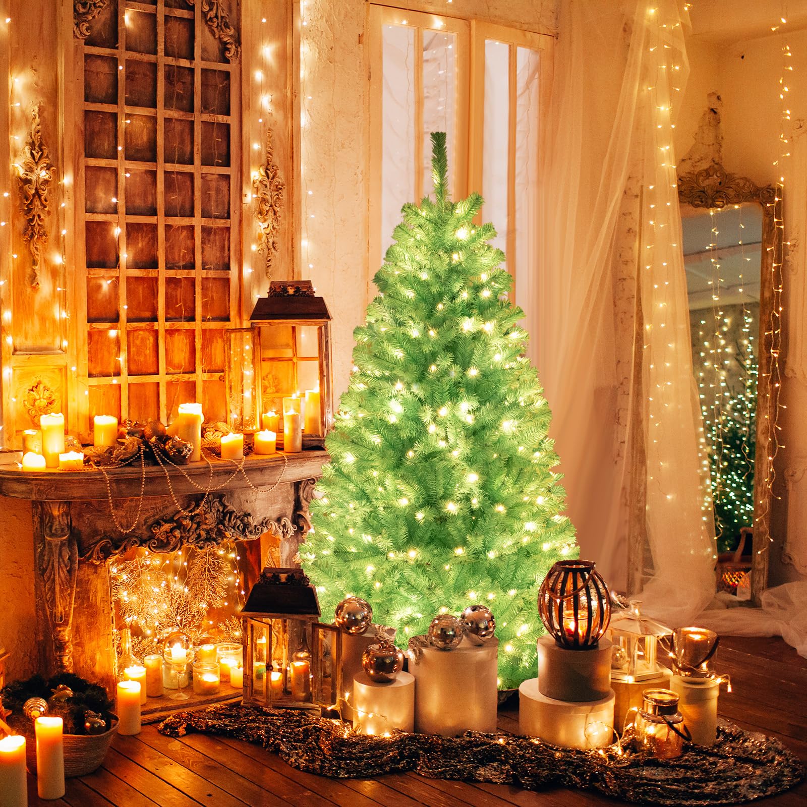 Goplus 7FT Pre-Lit Artificial Christmas Tree Auto-Spread/Close up Branches 11 Flash Modes with Multicolored 400 LED Lights & Metal Stand