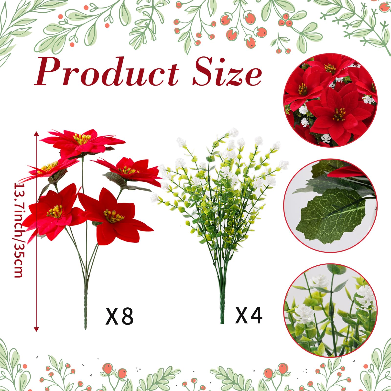 14'' Artificial Poinsettias Flowers for Outdoor,12 Bunches Mixed Fake Red Flowers Faux Eucalyptus Plants UV-Resistant for Home Garden Porch Christmas Winter Spring Outdoor Indoor Decor