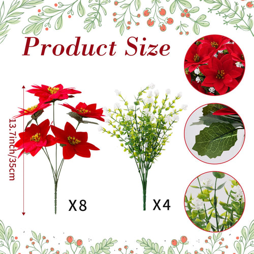 14'' Artificial Poinsettias Flowers for Outdoor,12 Bunches Mixed Fake Red Flowers Faux Eucalyptus Plants UV-Resistant for Home Garden Porch Christmas Winter Spring Outdoor Indoor Decor