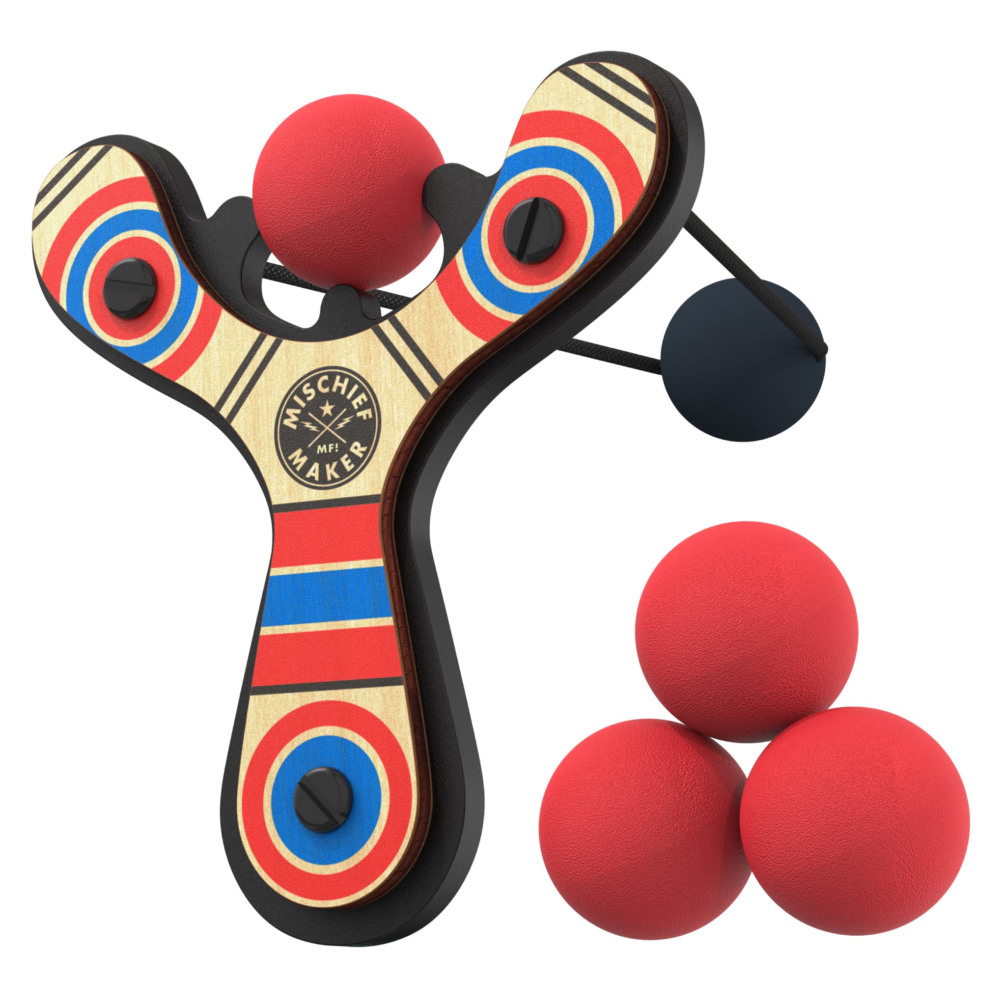 Mighty Fun! - Mischief Maker® Wooden Slingshot - Classic Series - Real Wood Slingshot for Kids, 4 Soft Foam Balls and Storage Bag - Ages 4+ (red)