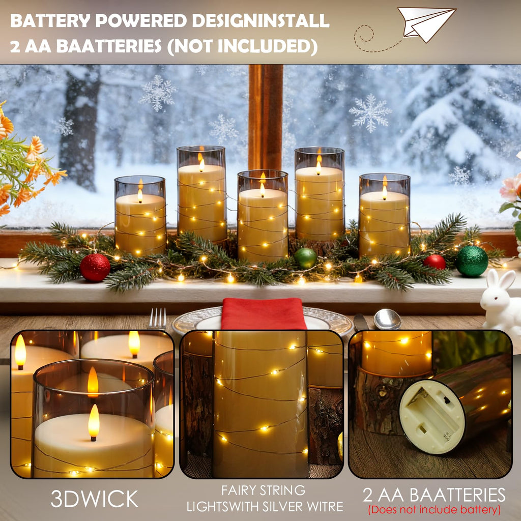 kakoya Flameless LED Candles with Timer 5 Pc Flickering Flameless Candles for Romantic Ambiance and Home Decoration Stable Acrylic Shell,with Embedded Star String，Battery Operated Candles（Red）