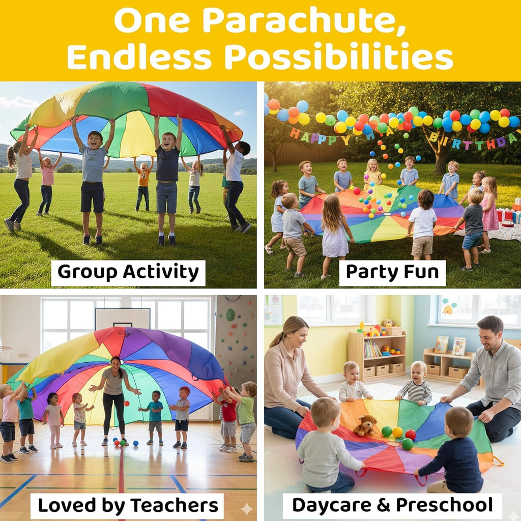 GSi Kids Play Parachute Rainbow Parachute Toy Tent Game for Children Gymnastics Cooperative Play and Outdoor Playground Activities (12 Feet)