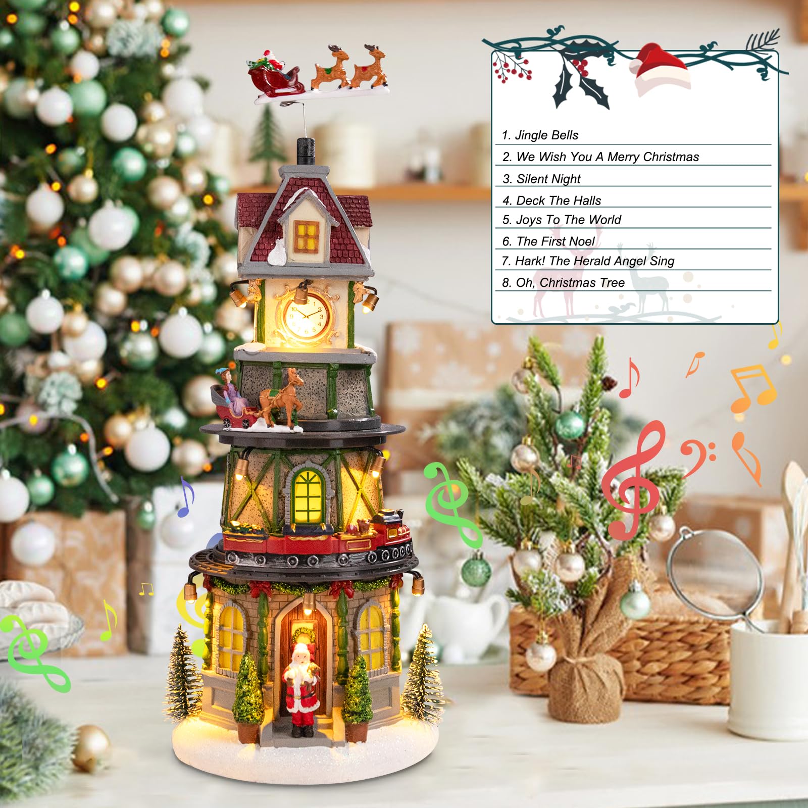 Christmas Village House Musical Christmas Collectible Buildings Church Train Snowman Children Skating with LED Lights Vacation Village with USB Indoor Figurines Indoor Tabletop Decoration