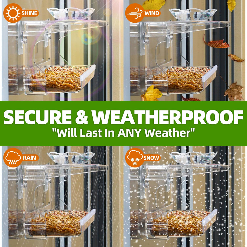 WENMIXER Window Bird Feeder with Non-Marking Self-Adhesive Hooks, Clear and Transparent, Outdoor Wild Bird Watching Gift, Garden Decor (Standard)