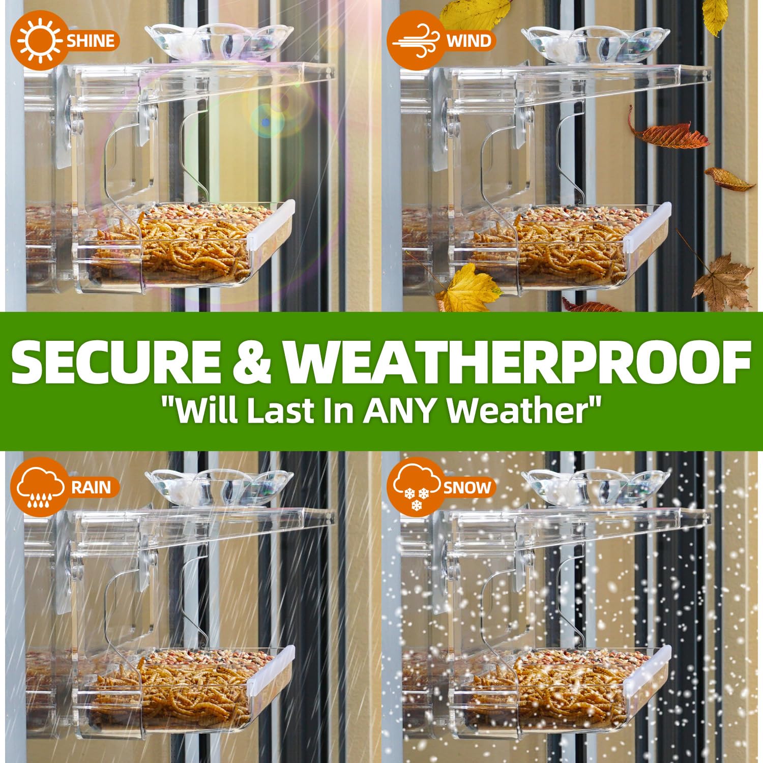 WENMIXER Window Bird Feeder with Non-Marking Self-Adhesive Hooks, Clear and Transparent, Outdoor Wild Bird Watching Gift, Garden Decor (Standard)