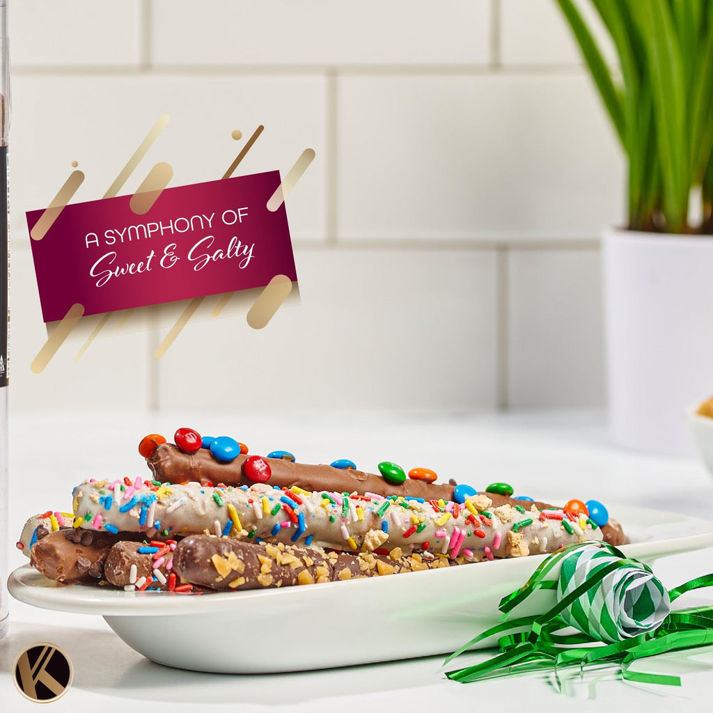 KREMERY Creamy Chocolate Cravings - Fathers Day Treats, Gift For Dad, Chocolate Covered Pretzel Rods Gift Basket with Candied Toppings (8 Pretzels) Sweet Treats in Clear Tube Kosher