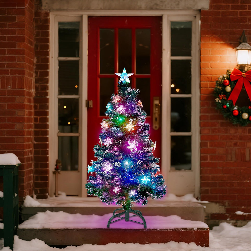 Prsildan 4 FT Artificial Christmas Tree, Pre-Lit Optical Fiber Xmas Trees with Multicolor LED Lights, Snowflakes & Top Star, Lighted Christmas Tree Holiday Home Decor