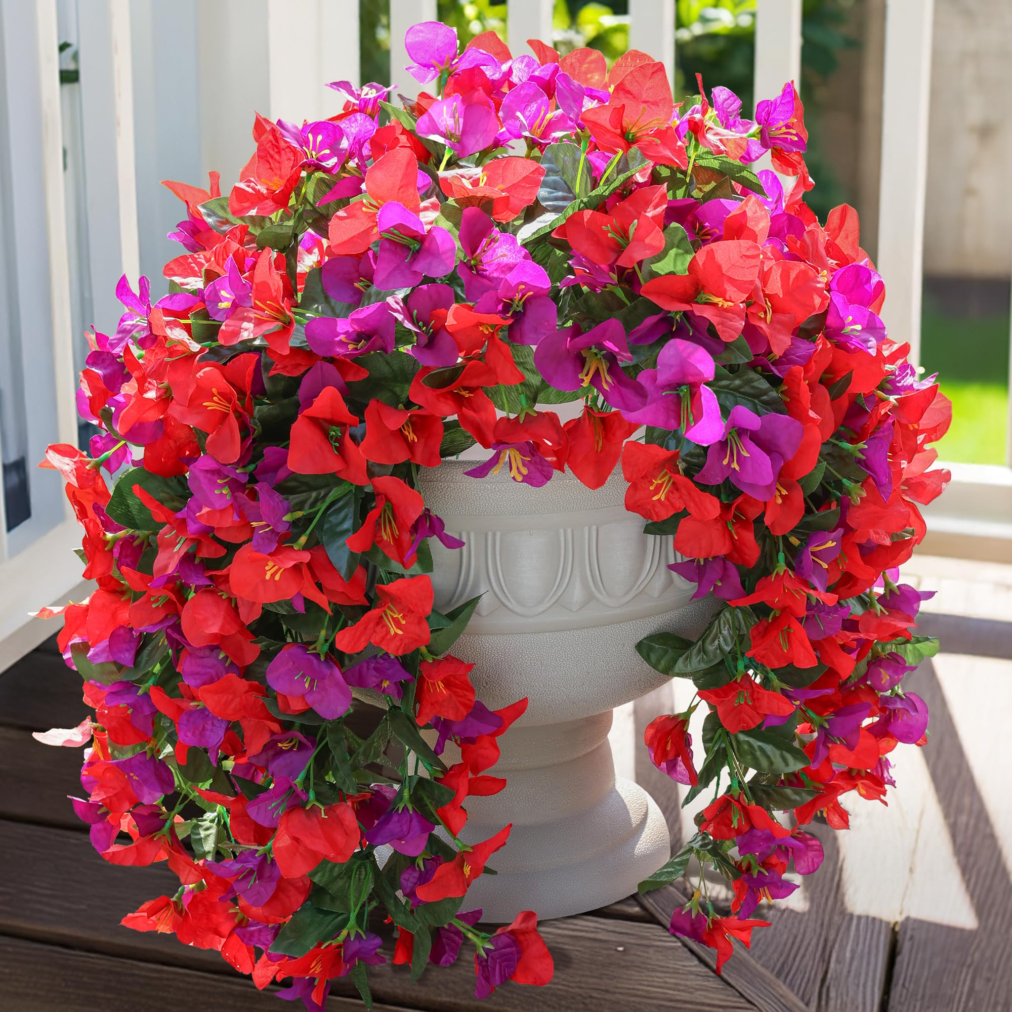 Artificial Bougainvillea Faux Flowers Plants for Outdoors Outside Fall Autumn Decor, 2 PCS Silk Trailing Vines UV Resistant Realistic Orange Fake Flowers for Planter Front Door Porch Patio Balcony