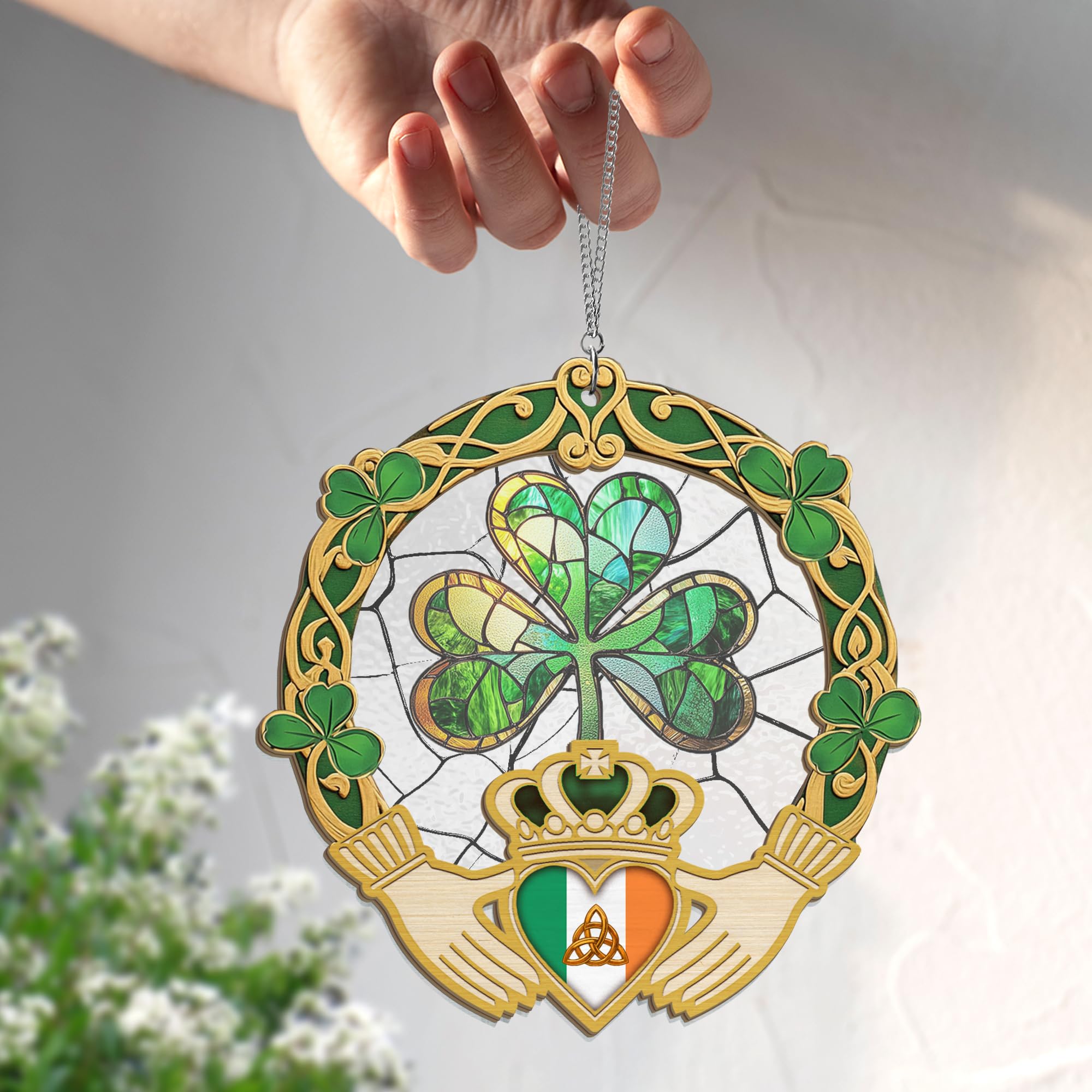 FLAGWIX St Patricks Day Decorations - Hanging Suncatcher 6 in, Shamrock St Patricks Day Decorations, Irish Suncatcher for Home Garden Decor - Irish Gifts for Women Men, Spiritual Gifts for Mom Grandma