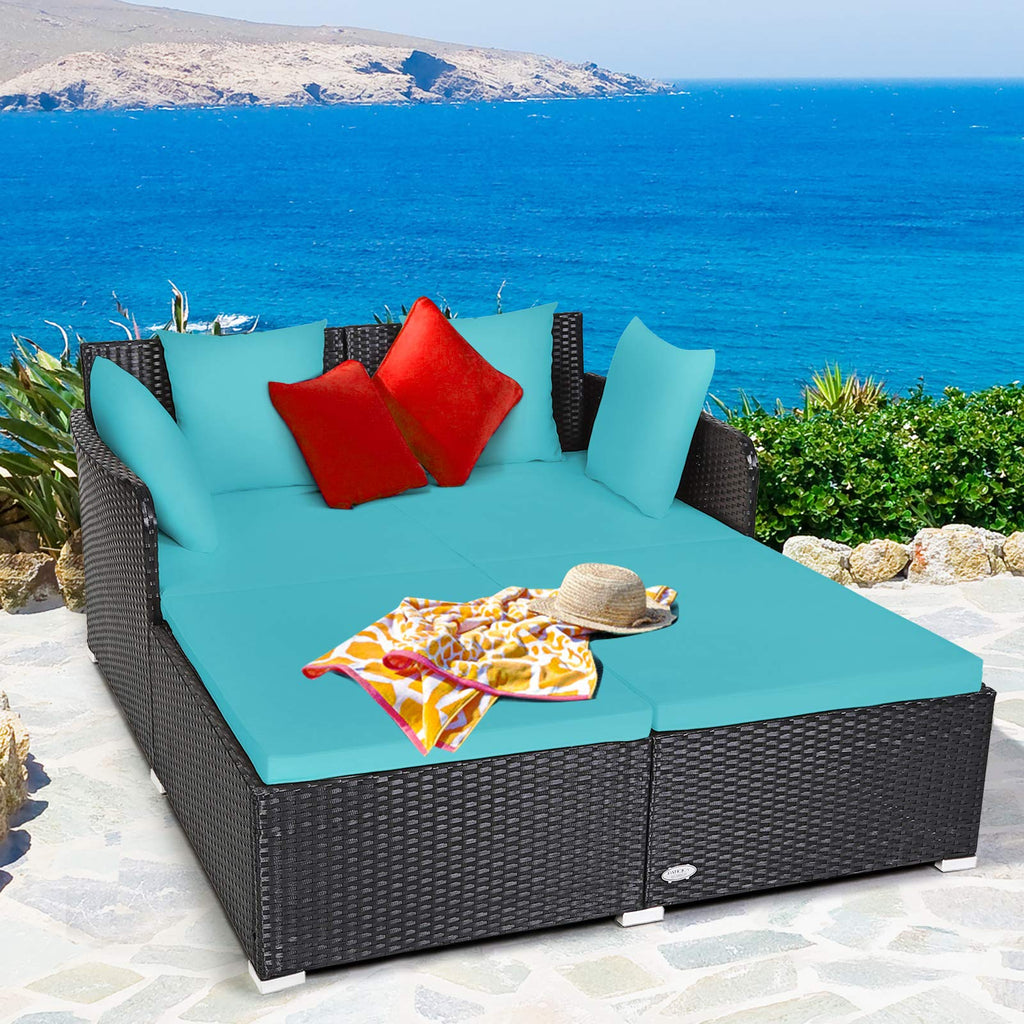 Tangkula Patio Rattan Daybed with Retractable Canopy, Outdoor Wicker Sunbed Lounger with 2 Foldable Side Tables, Thick Seat & Back Cushions, Outside Double Daybed for Garden, Backyard, Porch