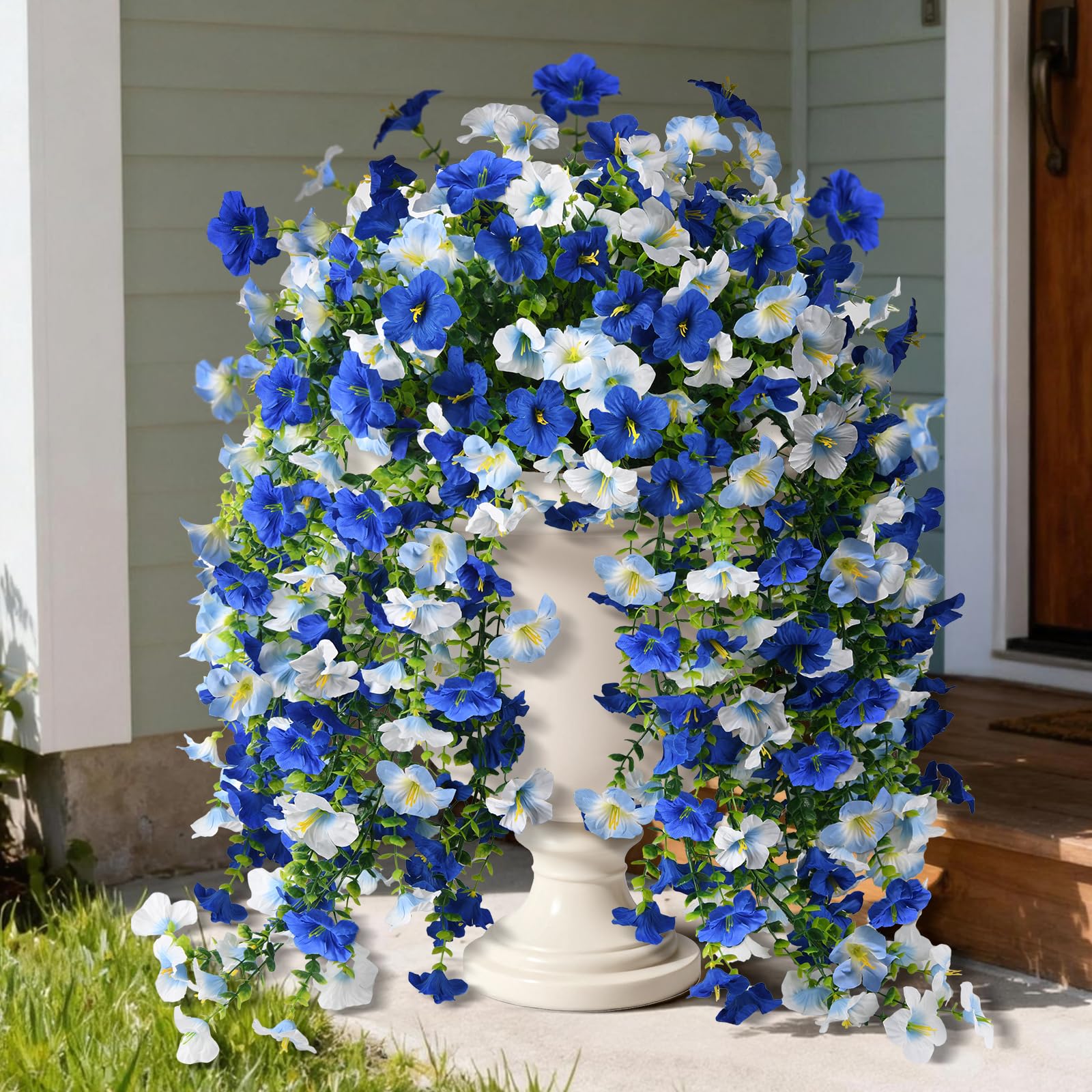 Artificial Fake Flowers Plants for Outdoor Spring Summer Decoration,2 PCS Faux Silk Morning Glory with Eucalyptus Leaves,UV Resistant Realistic Outdoor Flowers for Balcony Porch Patio Yard Garden