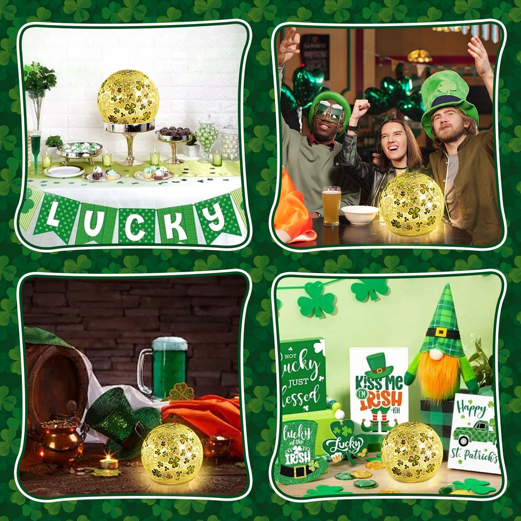 St Patricks Day Decorations Lights, Lighted Glass Ball Tabletop Irish Decor LED Night Light with Clover Pattern,Irish DIecorations for Home (2PCS3.93'')