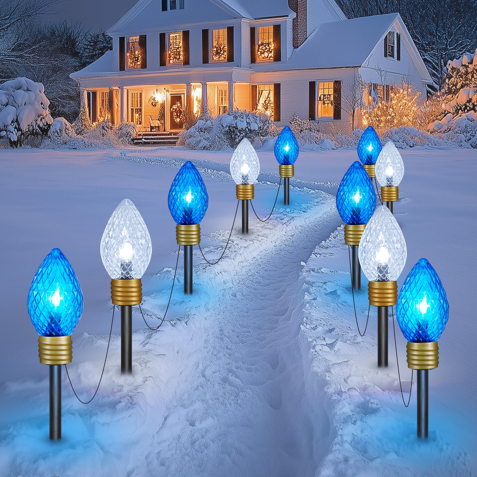 Jumbo C9 Christmas Pathway Lights Outdoor - 8.5 Feet 5 LED C9 Walkway Light, C7 Light Covered Jumbo Multicolor Bulb Christmas Lights Outdoor Decorations for Lawn Holiday Outside Yard Garden