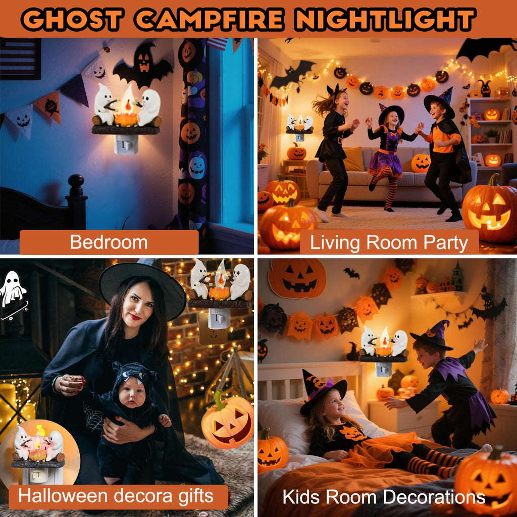 Ghost Campfire Nightlight,Halloween Campfire Flickering Night Light,3D Spooky Fire Marshmallow Night Light for Halloween Decor (Cute Ghost)