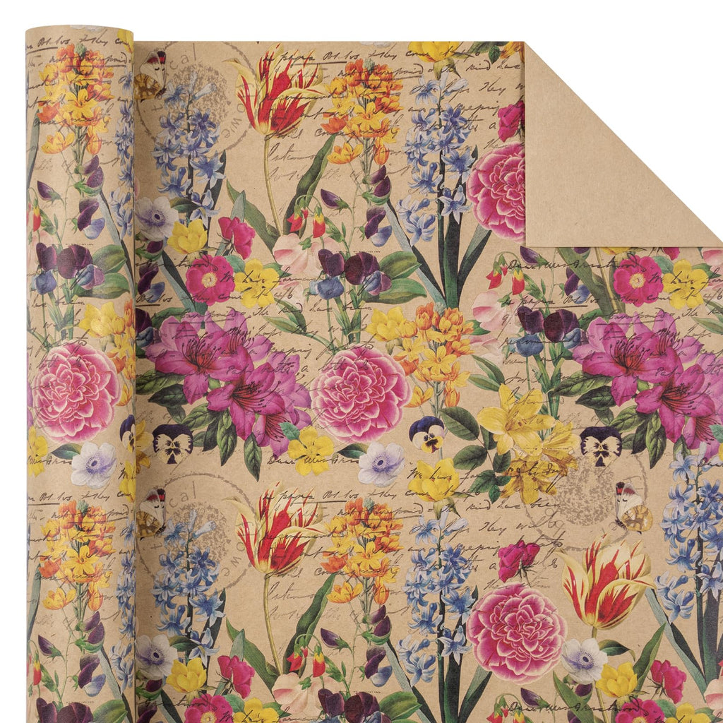 WRAPAHOLIC Kraft Floral Wrapping Paper Roll - Mini Roll - 17 Inch x 9.8 Feet - Spring Summer Garden Flower Design Perfect for Wedding, Bridal Shower, Birthday