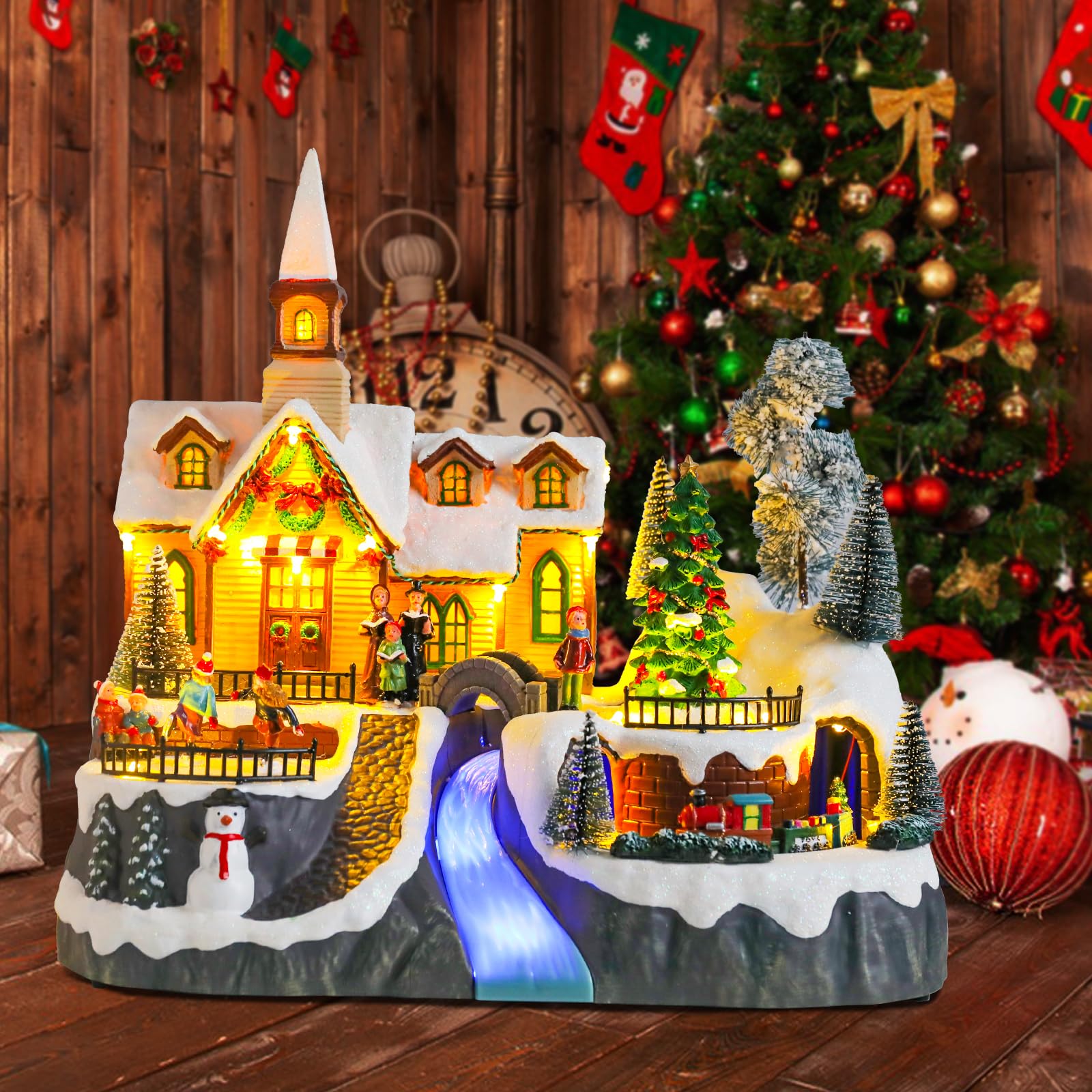 Christmas Village House Musical Christmas Collectible Buildings Church Train Snowman Children Skating with LED Lights Vacation Village with USB Indoor Figurines Indoor Tabletop Decoration