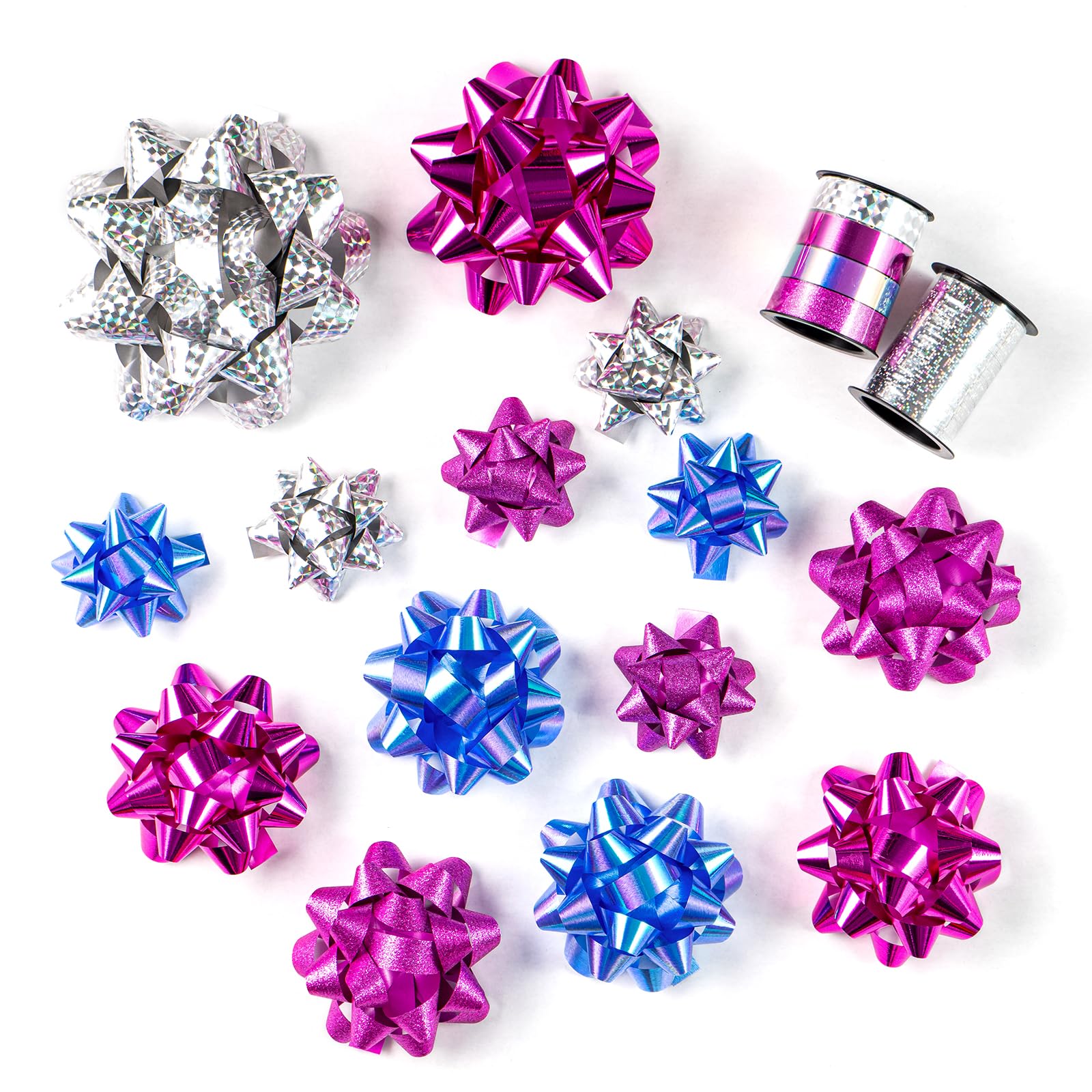 WRAPAHOLIC 14 Pcs Gift Bows Assortment - 12 Multi Colored Assorted Size Gift Bows (Purple, Pink, White, Rose Gold, Silver) and 2 Crimped Curling Ribbons, Perfect for Christmas, Holiday, Party