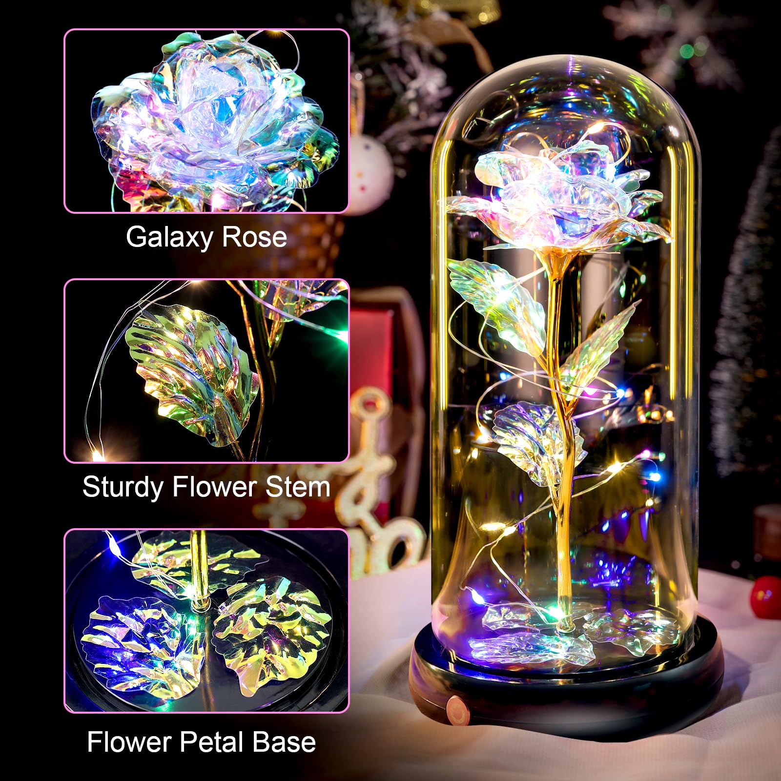 Pusuny Mothers Day Flowers Gifts for Mom Women Birthday Gift Galaxy Glass Rose Forever Eternal Crystal Flowers Rose in Glass Dome with Butterfly Mother's Day Roses Gifts for Mom Daughter Wife Purple