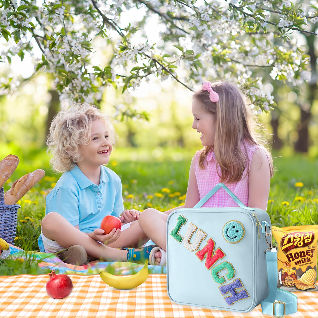 Insulated Lunch Bag With Adjustable Shoulder Strap, Nylon Preppy Lunch Box Large Insulated Lunch Bag Reusable Lunch Tote Bag with Smiley Preppy LunchBag for Girls School Travel Picnic (Purple)