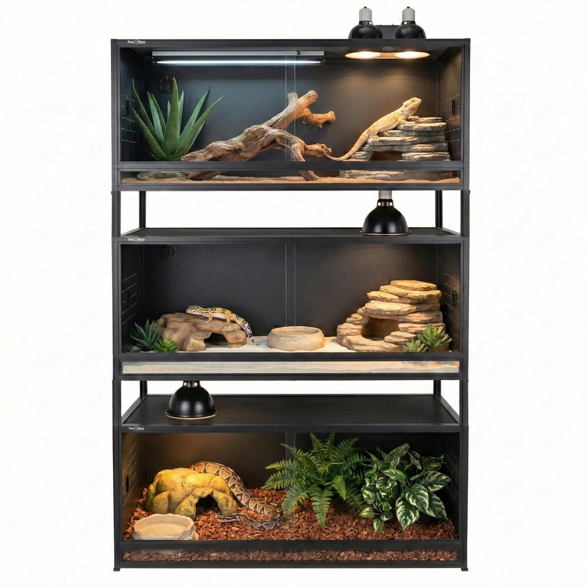 PVC Reptile Enclosure 3 Tier 40"x16"x16" with Spacers, 44 Gallon Reptile Tank Habitat, Space Saving Stackable Reptile Terrarium for Bearded Dragon Gecko Snake Lizard, Sliding Glass Doors Lock