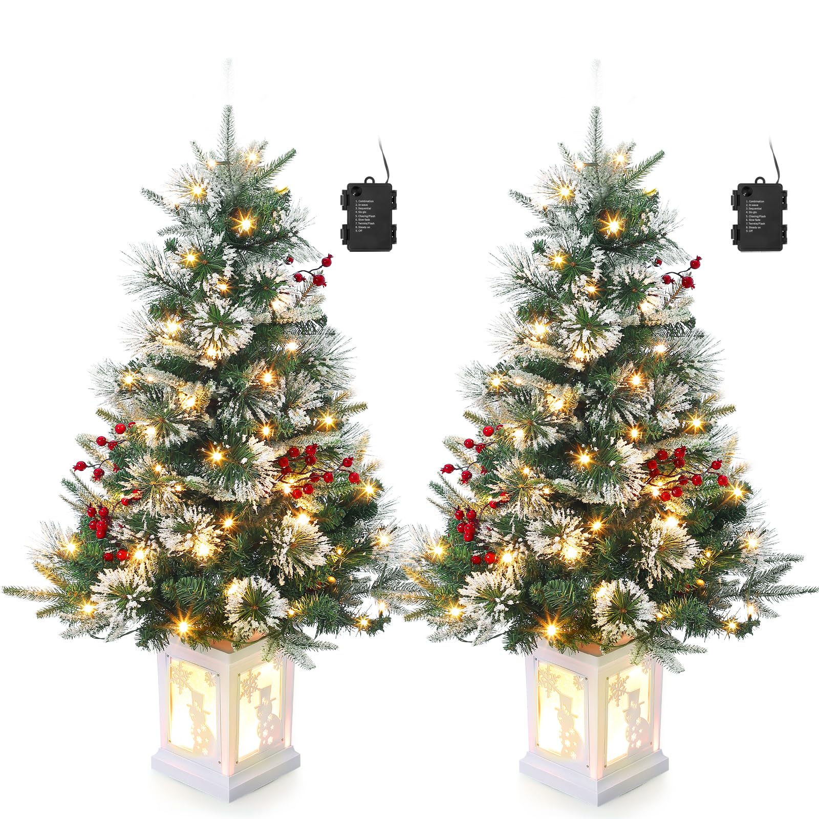 3FT Prelit Premium Snow Flocked Artificial Christmas Tree with Warm White LED, Mini Prelit Xmas Pine Tree for Christmas Decoration,Yard,Home,Office,Outdoor,Indoor,8 Mode Snowflake White Base- 1PC