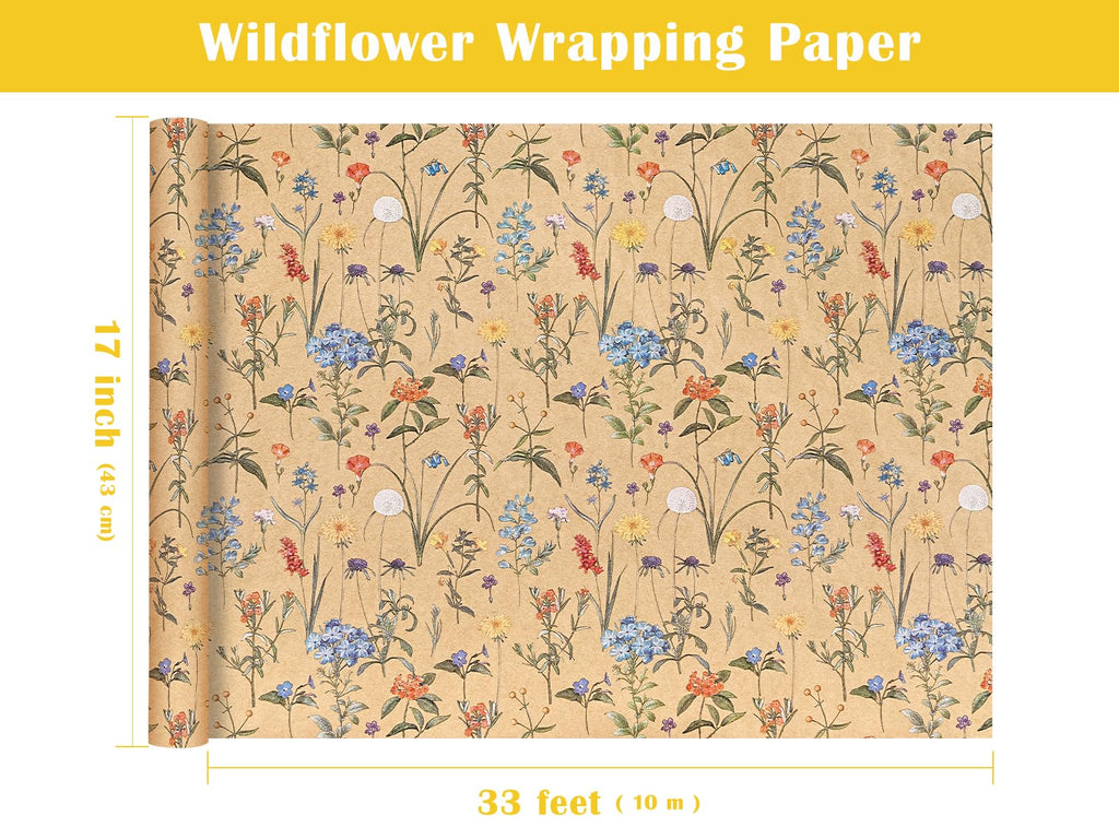 WRAPAHOLIC Kraft Floral Wrapping Paper Roll - Mini Roll - 17 Inch x 9.8 Feet - Spring Summer Garden Flower Design Perfect for Wedding, Bridal Shower, Birthday