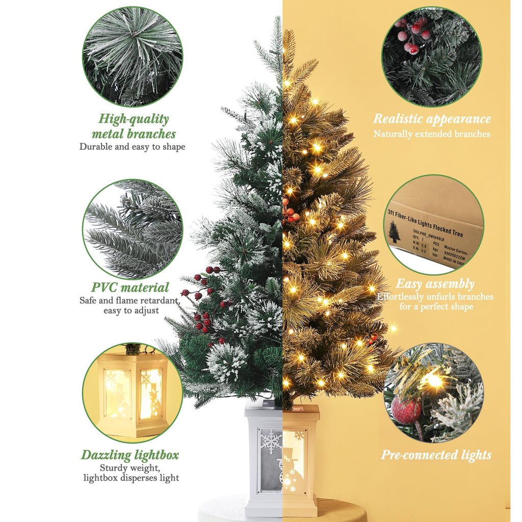 3FT Prelit Premium Snow Flocked Artificial Christmas Tree with Warm White LED, Mini Prelit Xmas Pine Tree for Christmas Decoration,Yard,Home,Office,Outdoor,Indoor,8 Mode Snowflake White Base- 1PC