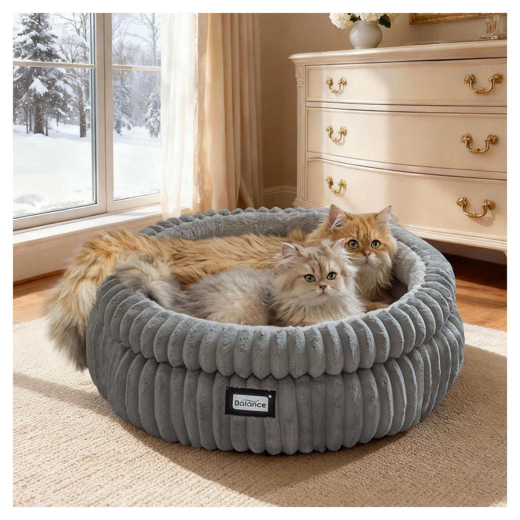 BALANCE Cat Bed Kitten Bed, Washable Round Cat Beds for Indoor Cats, Super Soft Plush Faux Fur Pet Bed for Puppy and Kitten with Anti-Slip Bottom