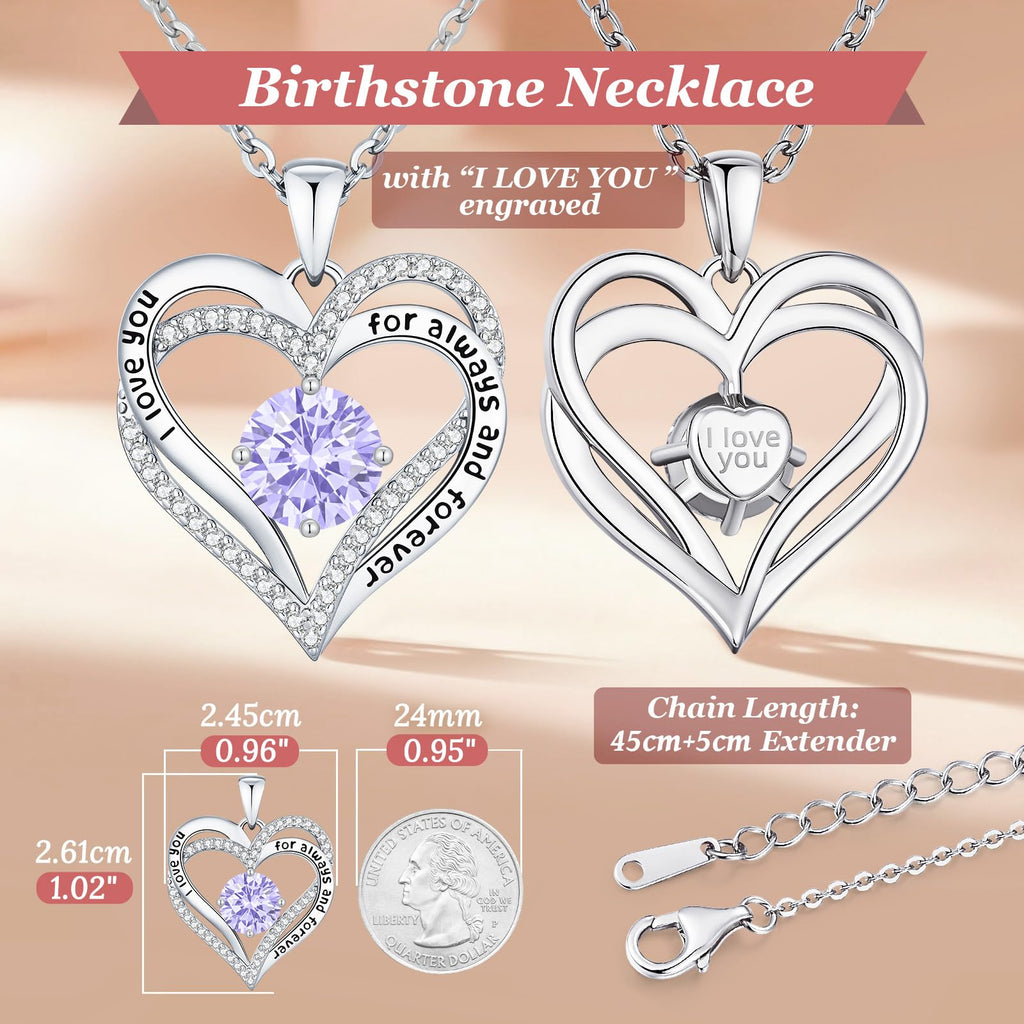 CDE Forever Love Heart Necklaces for Women, Wedding Anniversary, Valentine's，Birthday Mothers Christmas Day Gifts for Mom, Mother, Wife, S925 Silver Jewelry with Birthstone Pendant