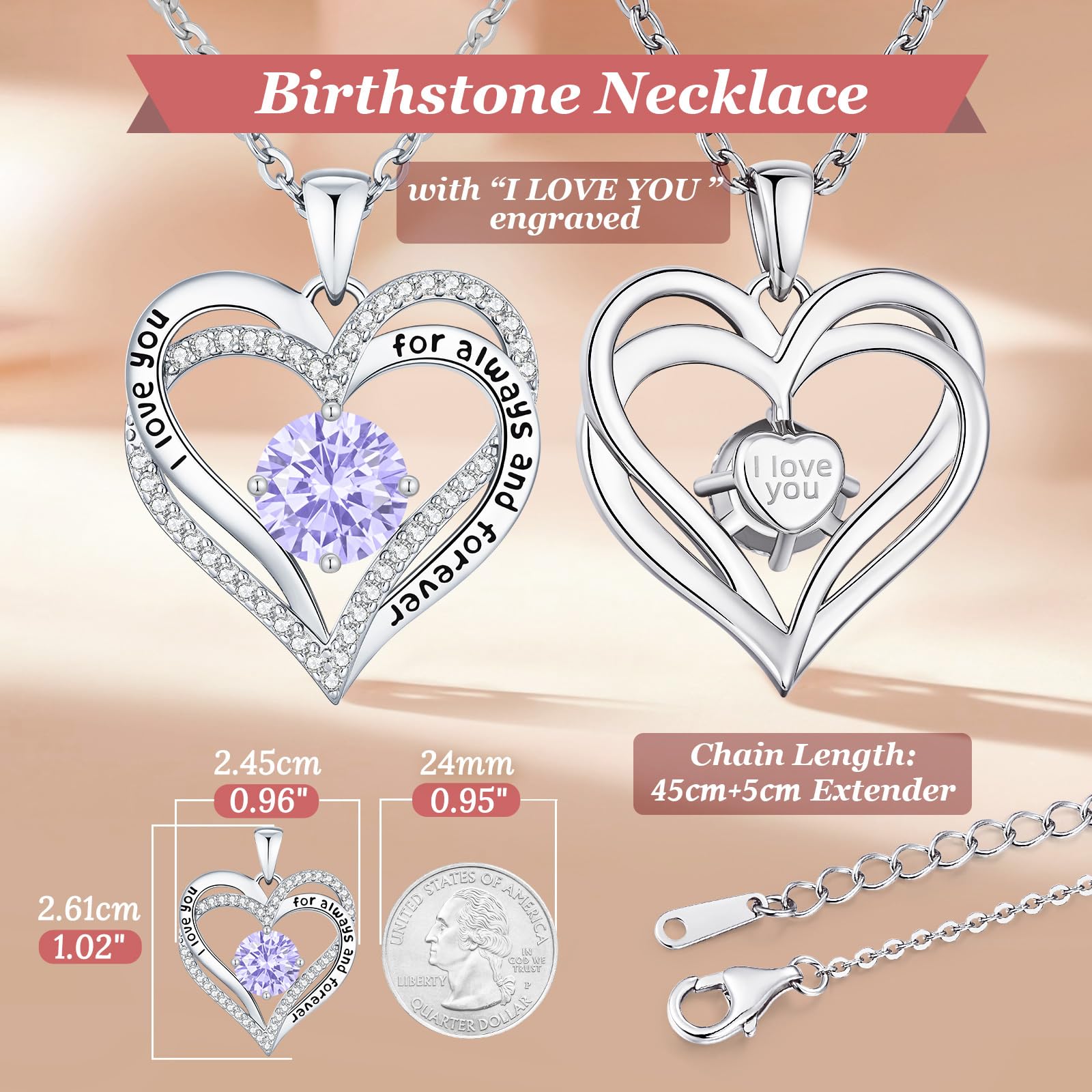 CDE Forever Love Heart Necklaces for Women, Wedding Anniversary, Valentine's，Birthday Mothers Christmas Day Gifts for Mom, Mother, Wife, S925 Silver Jewelry with Birthstone Pendant