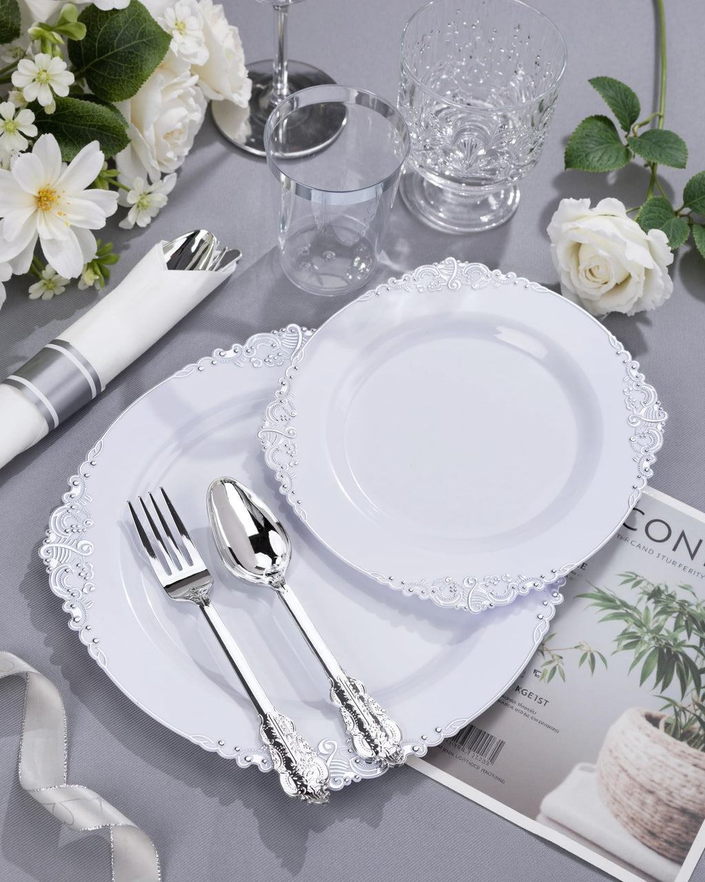 Nervure 175PCS Clear Blue Plastic Plates - Plastic Dinnerware Set Include 25Dinner Plates, 25Dessert Plates, 25Cups, 25Forks, 25Knives, 25Spoons, 25Napkins Perfect for Wedding & Party